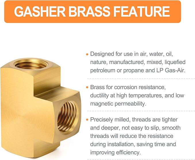 GASHER 1 Pcs Brass Barstock Tee, 1/2" x 1/2" x 1/2" NPT Female Pipe Fittings