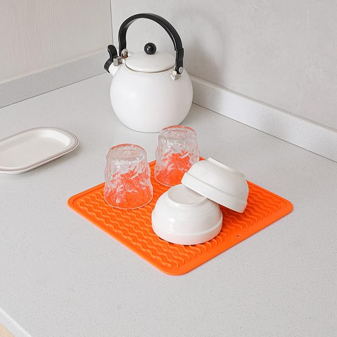 Silicone Dish Drying Mat for Multiple Usage,Easy clean,Eco-friendly,Heat-resistant Silicone Mat for Kitchen Counter or Sink,Refrigerator or Drawer liner Orange M 12 inches x 12 inches