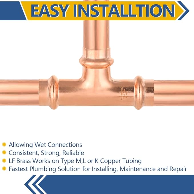 50-Pack GUOFIS Copper Press Tee,1/2" x 1/2"x 1/2" Tee Fittings for Copper Tube Connection with Stop(PRESS009-50Pack)