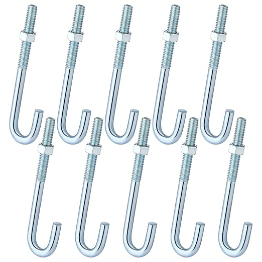 10 Pcs Anchors Bolts 3/8-16 x 5 Inches Concrete J Bolts Cement Post Anchor Bolts Fastener with Nut Washer Bracket Outdoor Hardware for Concrete Pad Pouring Wood Projects (Galvanized Steel)