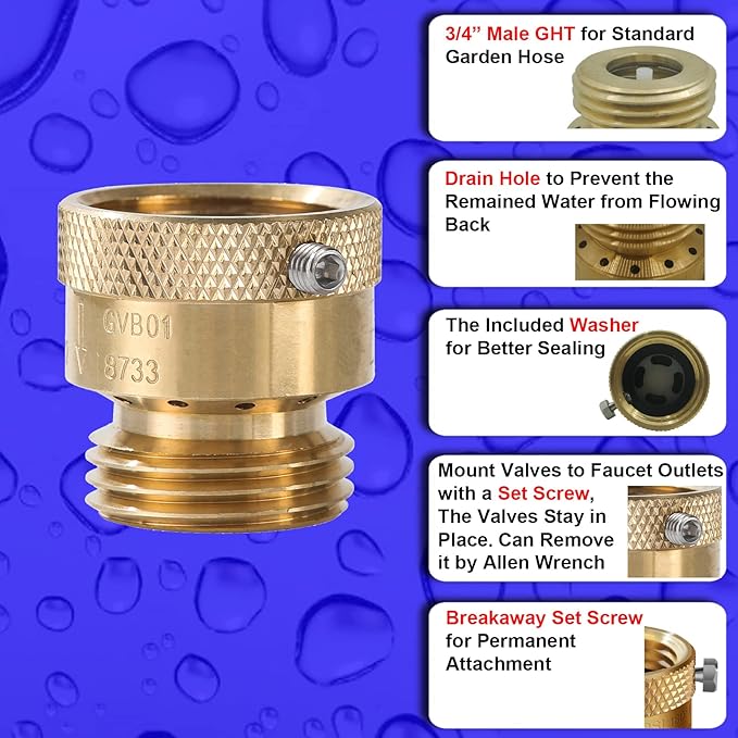 3 Pack SUNROAD Lead-Free Brass 3/4" Inch MHT Hose Bibb Connector Backflow Preventer Vacuum Breaker,Check Valve For Garden Spigot RV Hose Connection,Anti-Siphon Fitting with extra set screws