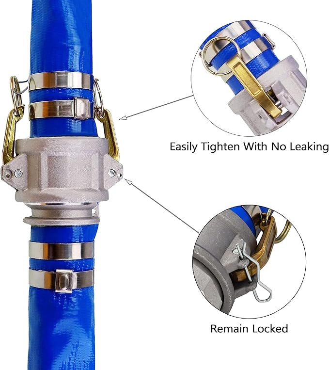 2" ID x 25 ft PVC Lay Flat Discharge Hose with Aluminum Camlock C and E Fittings, Heavy Duty Reinforced Blue Backwash Pump Hoses for Swimming Drain Pools and Clean Filters