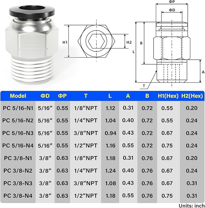 TAILONZ PNEUMATIC Male Straight 5/16 Inch Tube OD x 3/8 Inch NPT Thread Push to Connect Fittings PC-5/16-N3 (Pack of 2)