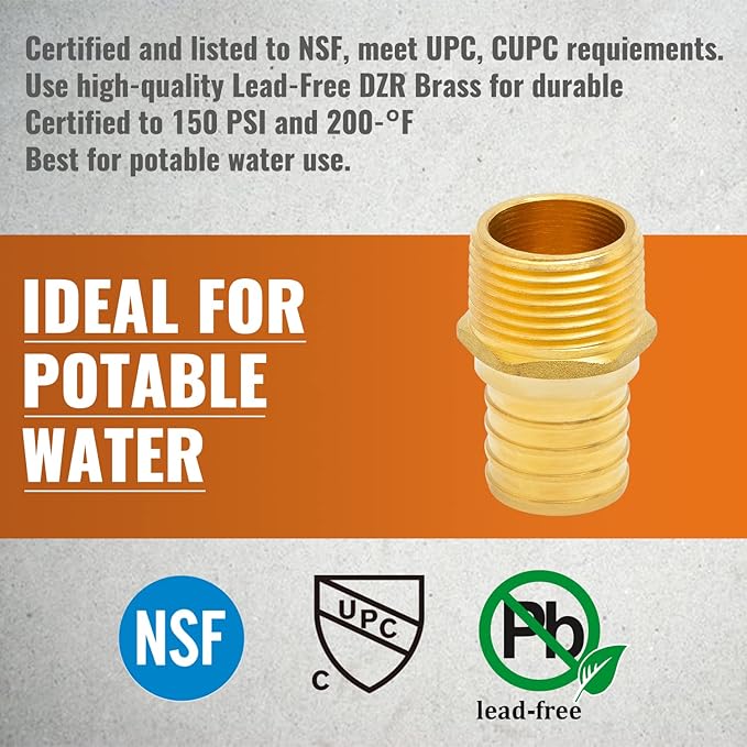 SUNGATOR 6-Pack PEX 1" x 3/4" NPT Male Threaded Adapter Crimp Fitting, No Lead Brass