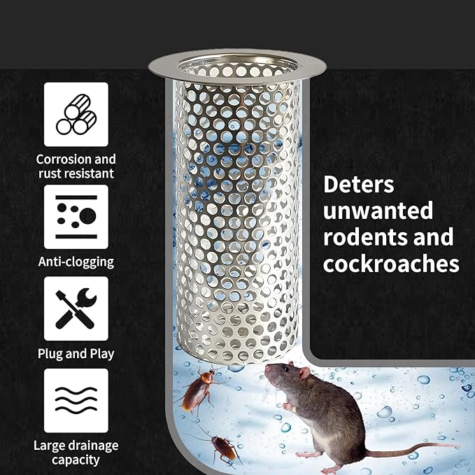 3'' Commercial Floor Drain Strainer, 4" Tall 304 Perforated Cylindrical Mesh Stainless Steel Drain Strainer for Factory/Kitchen/Hospital/Restaurant (Silver, 4" Tall x 3" Diameter)
