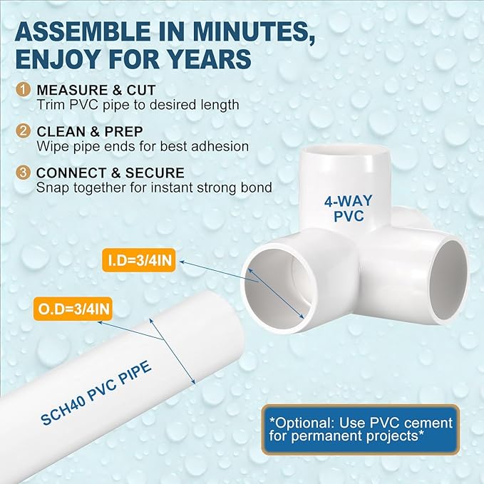 4 Pack 3/4" SCH40 PVC Elbow Pipe Fitting, 4-Way PVC Elbow Corner Side Outlet Tee Fitting, Furniture Grade Pipe Connectors for DIY Project, Pond Protection, Socket x Socket, White