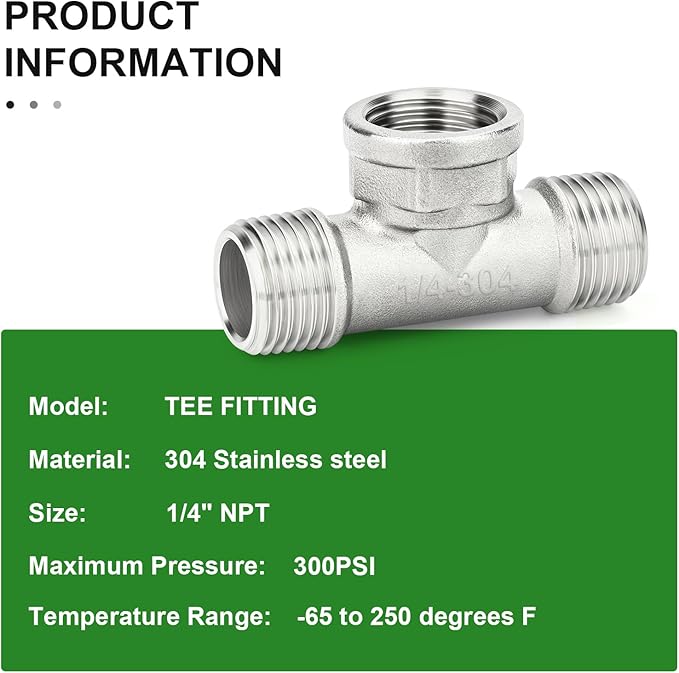 TAISHER 2PCS 304 Stainless Steel Tee Pipe Fittings, 1/4" NPT Male x 1/4" NPT Female x 1/4" NPT Male Pipe Fittings, Female Branch Tee