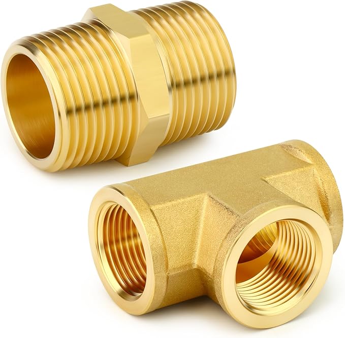 GASHER 2PCS Brass Tee Pipe Fittings, 1/8" NPT Female x 1/8" NPT Female x 1/8" NPT Male Pipe Fittings, Male Run Tee