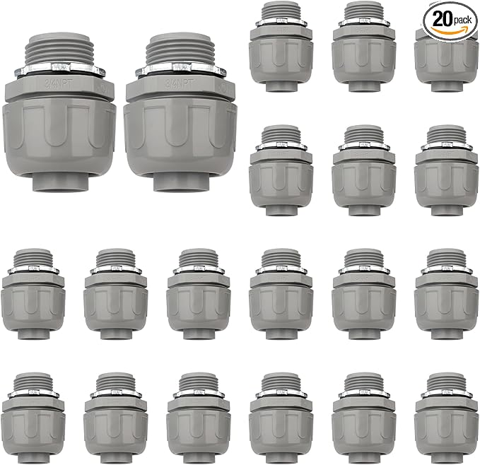 Conduit Connectors, 3/4 Inch Liquid Tight Connector NPT Non-Metallic for PVC Electrical Flexible Conduit Fittings, 180 Degree Straight, UL Listed for Home Outdoor Tubes Tools, Grey (20-Pack)