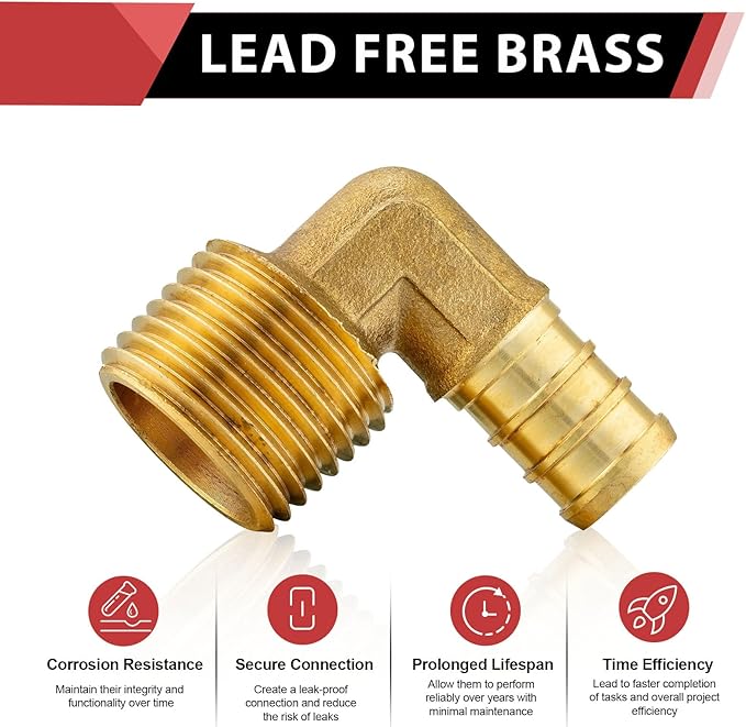 (Pack of 10) EFIELD Barb Crimp Pex 1/2"x3/4" Male Threaded NPT Elbow Brass Fittings, ASTM F1807,(PEX1807103)