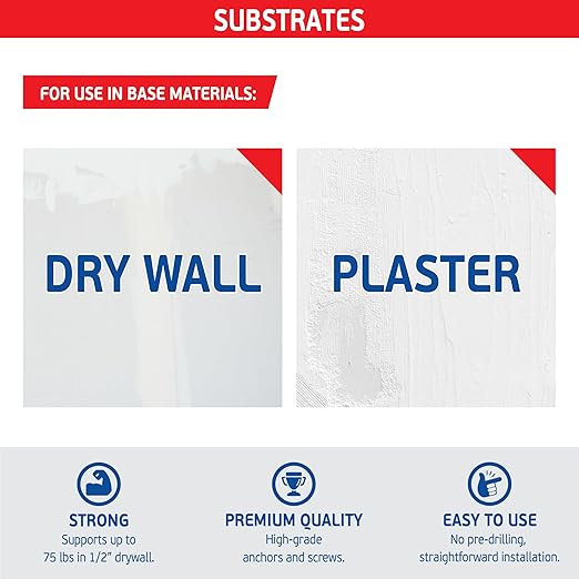 Nylon Self-Drilling Drywall Anchors w/Screws (50 Anchors & 50 Screws) – Premium Nylon 66 Hollow Wall Anchors for 3/8"-5/8" Drywall – Shock-Resistant Hold, Easy Install - 75lb Holding Strength