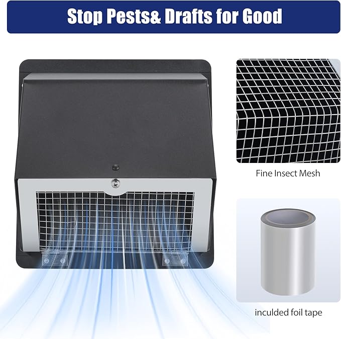 8 Inch Dryer Vent Cover Outside, Black Wall Dryer Vent Cap, No-Pest Metal Vent Covers For House Exterior