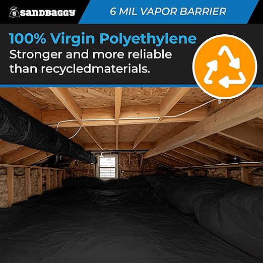Sandbaggy 20 ft x 100 ft Vapor Barrier 6 Mil | Polyethylene | Black Plastic Sheeting Rolls | Moisture Barrier for Crawl Spaces, Concrete and Laminate Underlayment, Walls (50 Rolls)