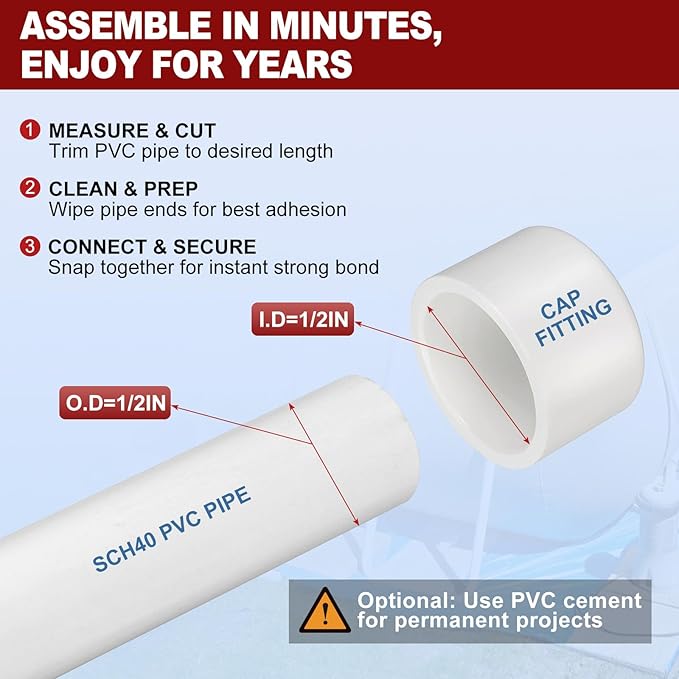 25 Pcs 1/2" PVC External End Cap Fitting, SCH40 Furniture Grade PVC Pipe Plug Adapter, Pipe Cover Fittings for DIY Project, Irrigation System, Plumbing Framework, Garden Structures