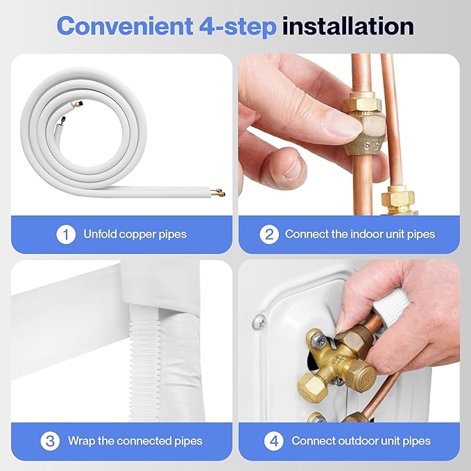 DELLA 16 Ft Mini Split Line Set, Includes 1/4" & 5/8" O.D. Copper Pipes with Flared Nuts and a 3/8" Thick White PE Insulated Coil, Perfect for Mini Split AC and Other HVAC Systems