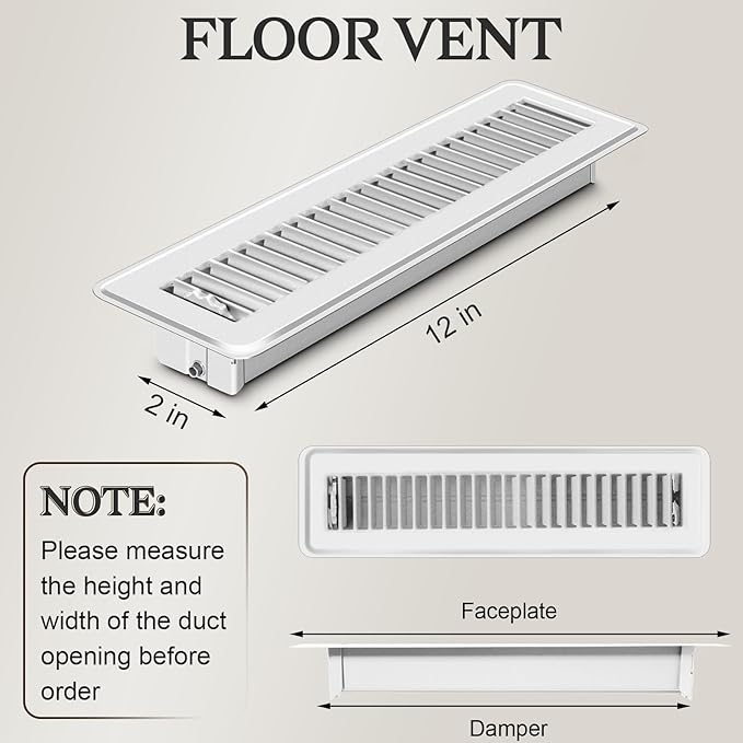 1 PCS Floor Vents Floor Registers 2x12 inch, Heavy Duty Metal Heat Air Vent Covers 2 X 12 with Rust Proof Finish for Home Office Wall Floor Registers Grilles & Vents (1, White, 2x12 Inches)