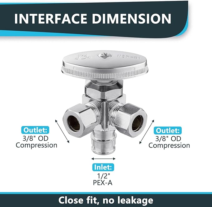 (Pack of 20) Seelink Multi-Turn Dual Outlet Angle Stop Valve, 1/2" Pex-a Expansion F1960 Pipe Inlet x (3/8 inch x 3/8 inch) Compression Outlets, Chrome Plated Brass