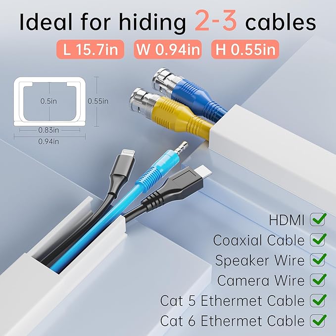 Yecaye Medium Cord Hider, Wire Covers for 2-3 Cords on Wall, Paintable Cable Raceway, Cord Hider Kit, Max for 3 Small Cords for Home and Office, W0.94in H0.55in