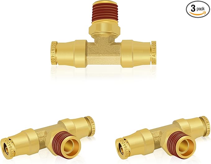 1/4“ DOT Air Line Quick Connect Fittings, 3PCS Brass Push to Connect Fittings 1/4" Tube OD × 1/8" NPT Tee Union to Male Pipe Swivel for Truck Trailers Air Brake System