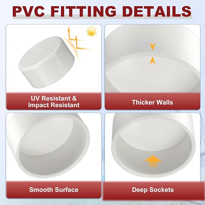 2 Pcs 8" PVC External End Cap Fitting, SCH40 Furniture Grade PVC Pipe Plug Adapter, Pipe Cover Fittings for DIY Project, Irrigation System, Plumbing Framework, Garden Structures