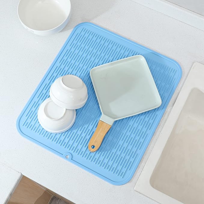 Silicone Dish Drying Mat for Multiple Usage,Easy clean,Eco-friendly,Heat-resistant Silicone Mat for Kitchen Counter or Sink,Refrigerator or Drawer Liner Light Blue 2XL 24 inches x 18 inches