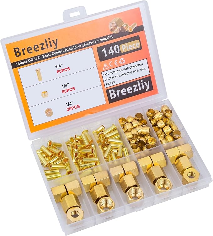 140PCS 1/4 Inch Compression Fittings Assortment kit- 60 Brass Compression Sleeve Ferrule, 60 Brass Insert & 20 Nuts - Used to Connect Lines for air,Water,Fuel,Oil and inert Gases