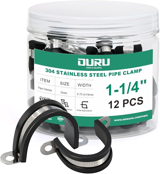 12pcs 1-1/4 Inch Pipe Clamp 304 Stainless Steel, Heavy Duty Rubber Cushioned Insulated Pipe Strap, U Bracket Clamp Conduit Clamp for Automotive, Wire & Tube