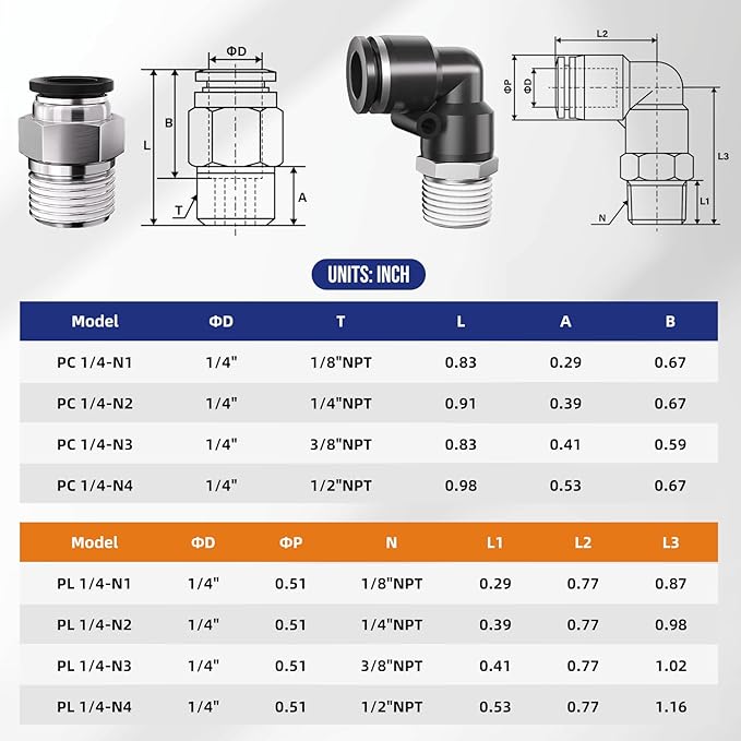 1/4" Tube OD to 1/8" NPT Thread Push to Connect Fittings,Pneumatic Quick Air Hose Fittings,Male Straight + Elbow,PC+PL(12pcs)