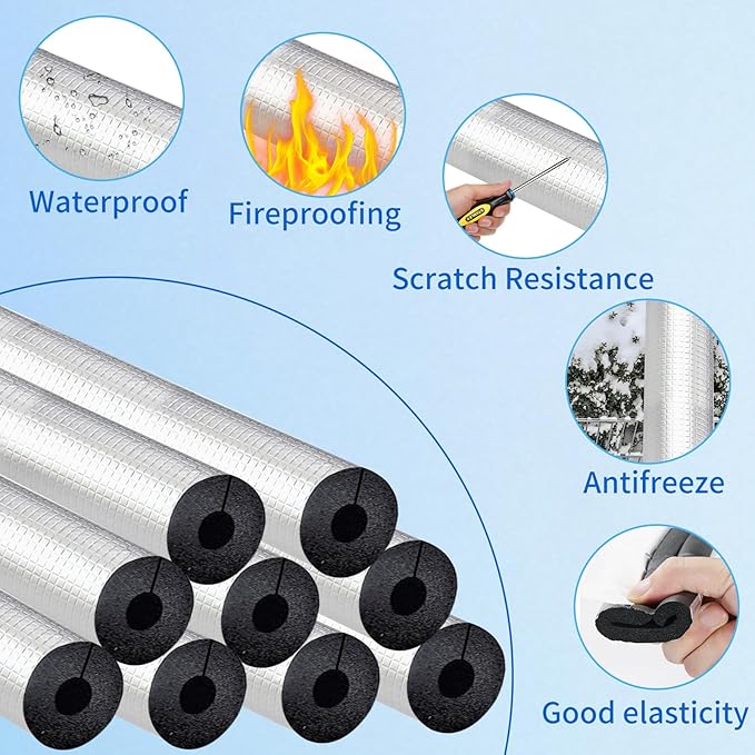 3/4 " ID Pipe Insulation Foam Tube Self Adhesive 16 " L Peel and Stick Pipe Insulation Foam Wrap Aluminum Foil Pipe Covers for Spigot, Winter Outside Pipes, Sprinkler 20 PC