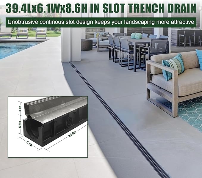 Slot Channel Drain with 304 Stainless Steel Grate-39.4Lx6.1Wx8.6H in. Deep Profile Trench Drain System for Landscaping,Trench Drain for Patio,A15 Hidden Drain Channel with Metal Grate