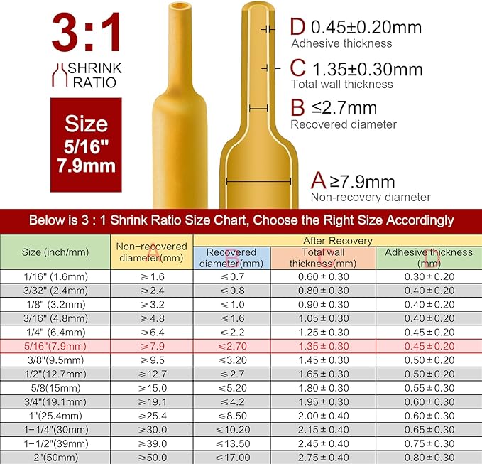 Chanzon 3:1 Ratio - 80ft Roll - Heat Shrink Tubing 5/16" (7.9mm) - Marine Grade Waterproof Adhesive Lined - (25M Total Length) Yellow Polyolefin Sleeving Wrap Shrinking 3 to 1 Ratio 1pcs