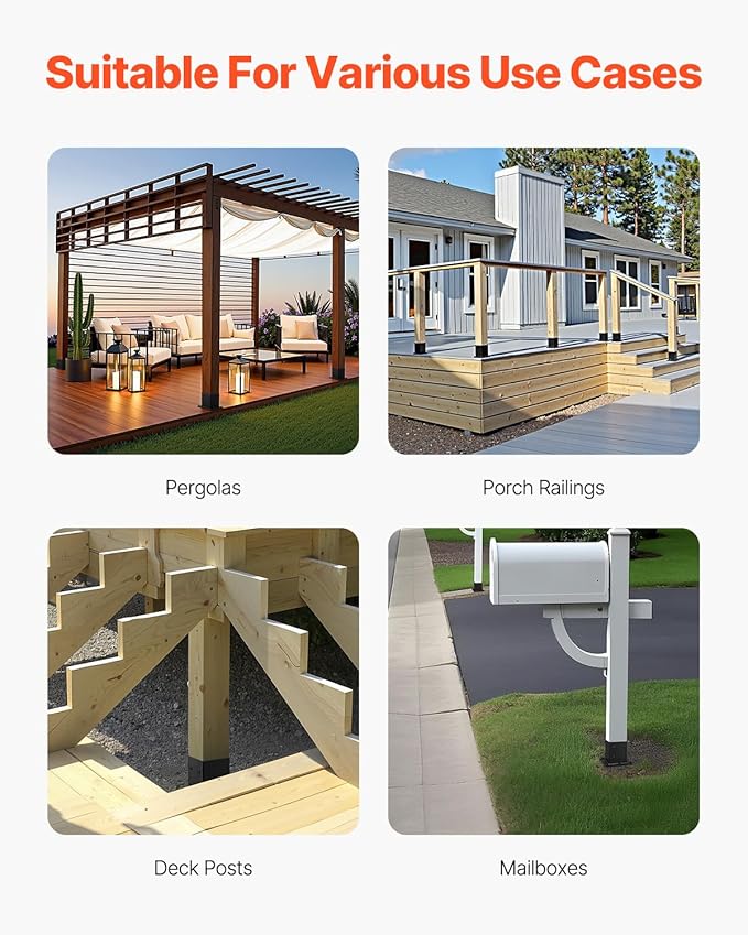 VEVOR 4x4 Post Base 8 Pcs, Inner Size 3.6x3.6 inch / 92x92 mm Post Brackets, Heavy Duty Carbon Steel Decking Posts, Wood Posts Brackets for Pavilion Deck Railing Support Deck Base Plate, Black