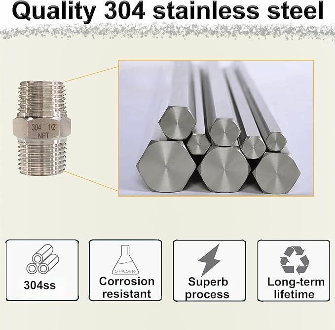 3/4" NPT Male Hex Nipple Pipe Fittings, 304 Stainless Steel 3/4 inch Threaded Pipe Adapter Fittings Equal Nipples Connectors, 4pcs Male Straight Connector Pipe Fitting
