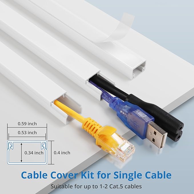 One-Cord Hider Kit, 126in Cable Covers for Wires on Wall, Mini Wire Hider for Wall Mounted TV, White Cable Raceway, Paintable Cord Cover Cable Management for Home Office, 8 x L15.7in W0.6in H0.4in