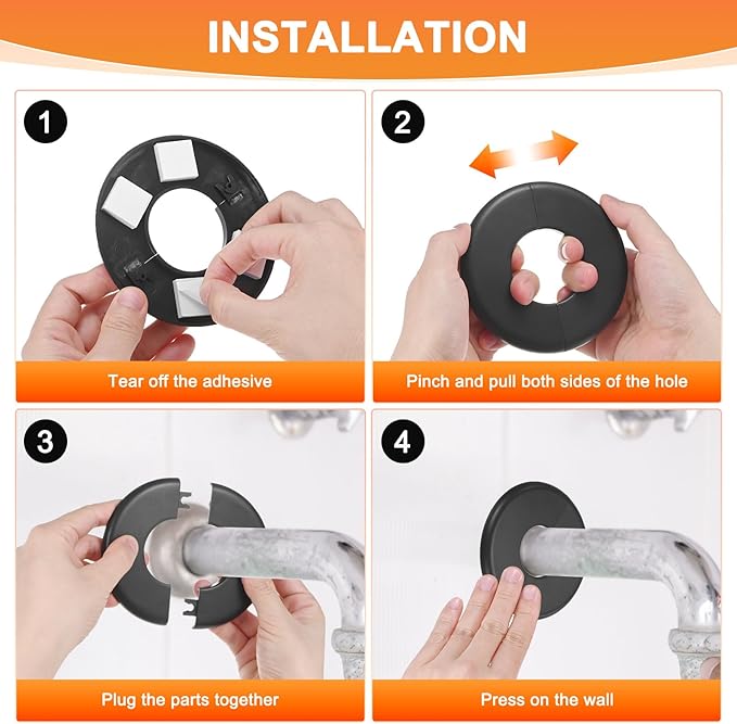 3-Pack Wall Split Flange, ABS Round Self-Adhesive Escutcheon Plate Cover Buckle for 32mm/1.26 in Dia Pipe Accessories/Floor/Ceiling, Plumbing Cover Plates [Black,6.5mm/0.26in H]