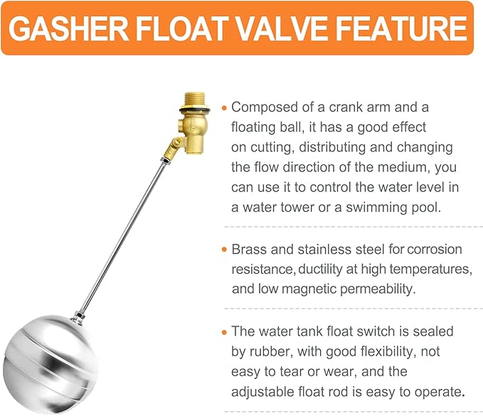 GASHER 2PCS 1/2" 304 Stainless Steel Float Ball Valve with 1/2"G Female x 1/2"NPT Male Adapter, DN15 Adjustable Water Tank Float Ball Valve for Stock Tank Pool Water Level Control