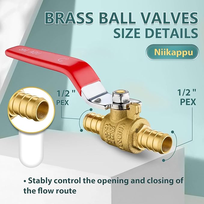 8 Pack Ball Valves, 1/2" Pex Crimp Shut Off Valve Red, Brass Full Port Pex B Shut Off Ball Valve for Hot and Cold Water, NSF/ANSI 61 Certified