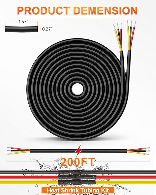 NAOEVO 14 Gauge Wire 3 Conductor Electrical Wire, 14 AWG Stranded PVC Cord, 12V Low Voltage/Tinned Copper/Flexible Cable for Automotive Wiring, Lamp Cord, Marine Cable (200FT)