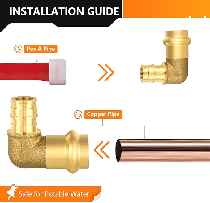 50-Pack HeSun Copper Press Fitting Elbow, 1/2" PRESS X 1/2" PEX-A F1960 Expansion Elbow, LF Brass