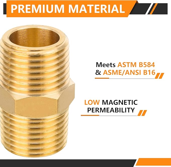 100-PCs HeSun Brass Hex Nipple Pipe Fitting, 3/8" NPT Male x 3/8" NPT Male Nipple Pipe Adapter(NPT012-100)