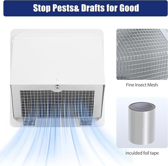 8 Inch Dryer Vent Cover Outside, White Wall Dryer Vent Cap, No-Pest Metal Vent Covers for House Exterior