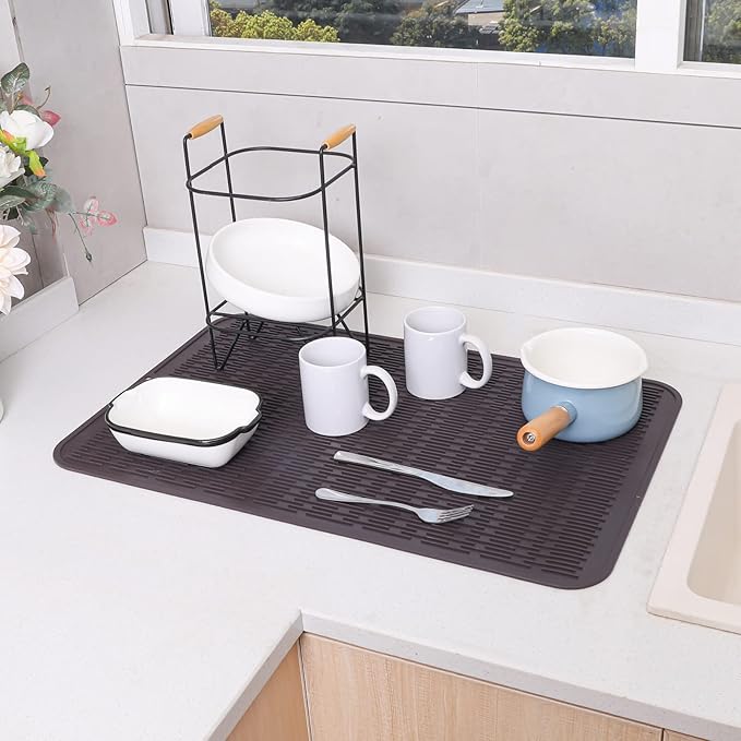 Silicone Dish Drying Mat for Multiple Usage,Easy clean,Eco-friendly,Heat-resistant Silicone Mat for Kitchen Counter or Sink,Refrigerator or Drawer Liner Coffee 3XL 28 inches x 18 inches