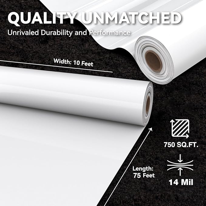 Crawl Space Vapor Barrier, 14 Mil Vapor Barrier, 10'x75', Thick White Plastic Sheeting, Drop Cloth White Vapor Barrier Covering for Crawlspace Encapsulation, Basement, Heavy Duty Polyethylene Film
