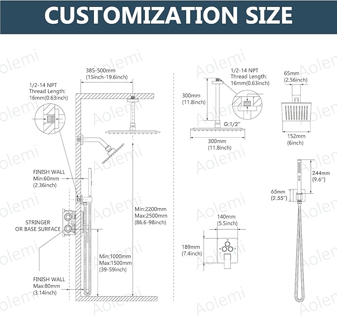 Aolemi Shower Faucet Set Ceiling Mount Shower System Rough-in Valve and Shower Trim Kit 12 and 6 Inch Dual Shower Head 2 in 1 Handheld Spray Push Button Diverter Polish Chrome