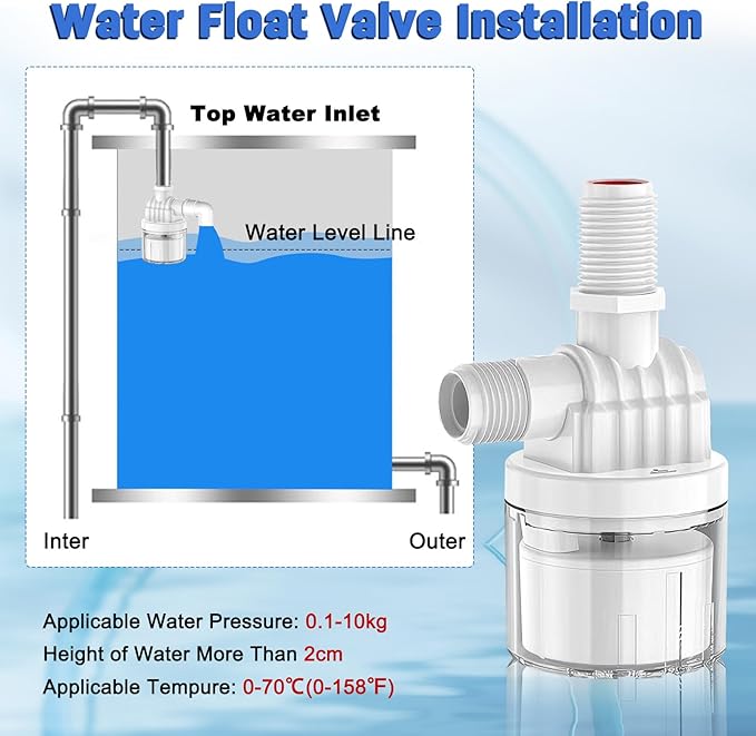 2 Pack 1/2" Water Float Valve Inside Type, 1/2 Inch Top Inlet Automatic Water Level Control Valve Uesd for Water Tank, Swimming Pools, Livestock Tanks, Aquaculture, Aquariums