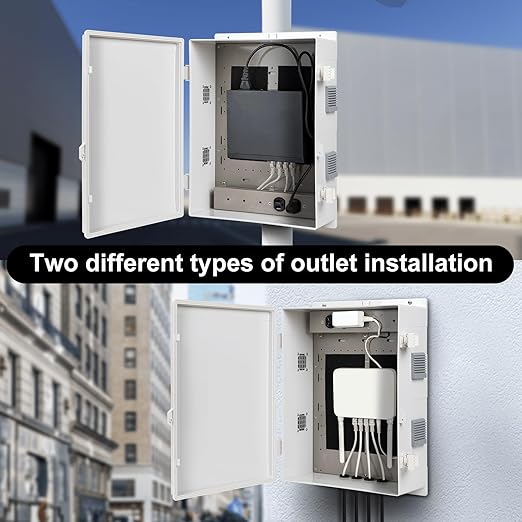 Outdoor Electrical Junction Box with High Power Outlet, ABS Water Resistant Enclosure with Internal Mounting Panel & Hinged Cover. (18.1" H* 12.6" L* 6.3" W & Outlet)