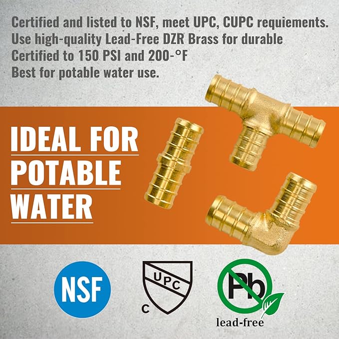 SUNGATOR 15-Pack 1/2 Inch PEX Fittings, 5 Each Elbow Tee Coupling, No Lead Brass, Pex Fittings 1/2 Inch Assortment, UPC, NSF Certified