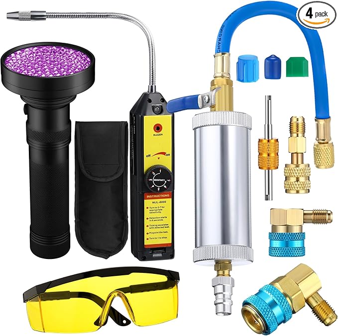 AC Leak Detector Kit, R1234yf R134a R410a AC Oil UV Dye Injector Kit Refrigerant Leak Detector Tool Low Side Quick Coupler Mini Split Adapter Glasses Flashlight(Wonderful)