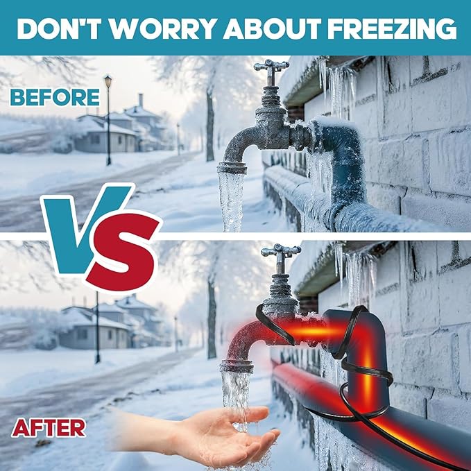 3FT-160FT Heat Tape for Water Pipes,Heating Cable for Pipe Freeze Protection,Water Pipe Insulation/Roof Snow De-Icing,Deicing Heating Cable,with Mounting Buckle (24FT)