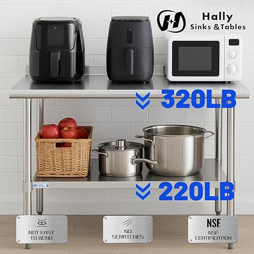 Hally Stainless Steel Table for Prep & Work 14 x 24 Inches, NSF Commercial Heavy Duty Table with Undershelf and Backsplash for Restaurant, Home and Hotel